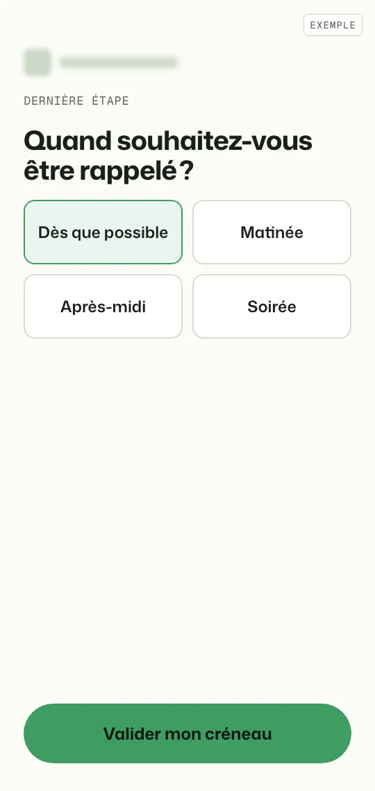 Écran du choix du créneau de rappel : dès que possible, matinée, après-midi ou soirée
